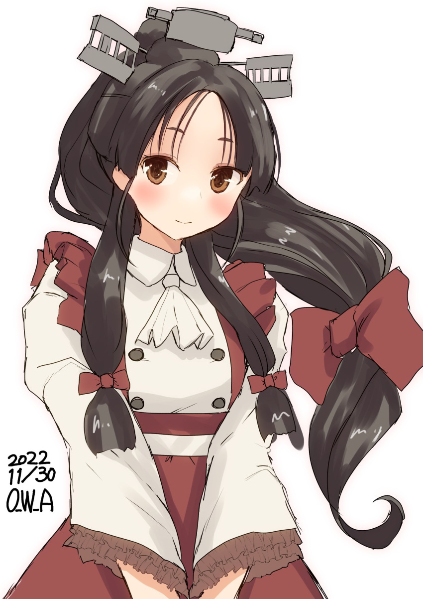 1girl artist_name black_hair bow brown_eyes dated frilled_shirt frills hair_tie headgear high_ponytail highres kantai_collection long_hair long_sleeves multi-tied_hair nisshin_(kancolle) off_shoulder owa_(ishtail) red_bow red_ribbon red_skirt ribbon shirt short_eyebrows signature skirt solo thick_eyebrows upper_body very_long_hair white_shirt