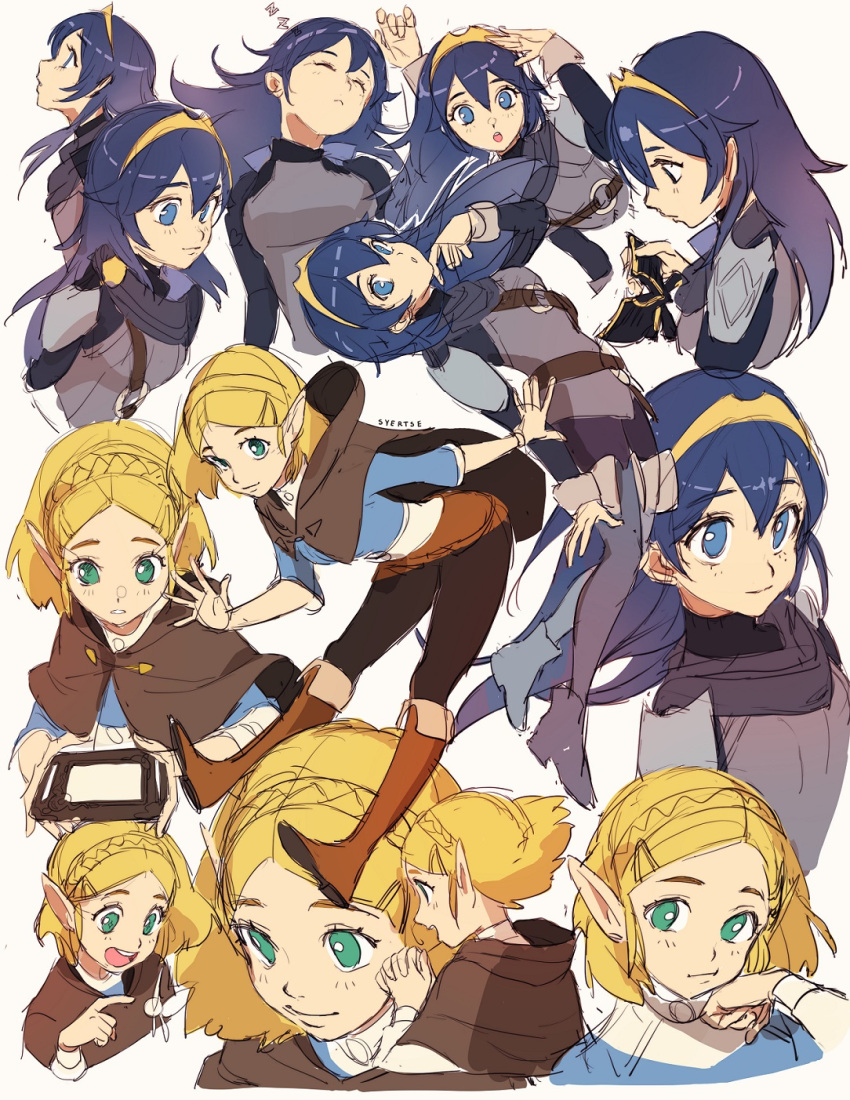 2girls armor bangs black_pants blonde_hair blue_eyes blue_hair blue_shirt blush boots braid breasts brown_cloak brown_footwear cloak closed_eyes fire_emblem fire_emblem_awakening full_body green_eyes hair_between_eyes hair_ornament hairclip highres leaning_forward long_hair lucina_(fire_emblem) medium_breasts multiple_girls multiple_views open_mouth own_hands_clasped own_hands_together pants parted_bangs parted_lips pointy_ears princess_zelda shirt short_hair shoulder_armor sleeping smile syertse the_legend_of_zelda the_legend_of_zelda:_breath_of_the_wild thigh_boots tiara upper_body white_background zzz