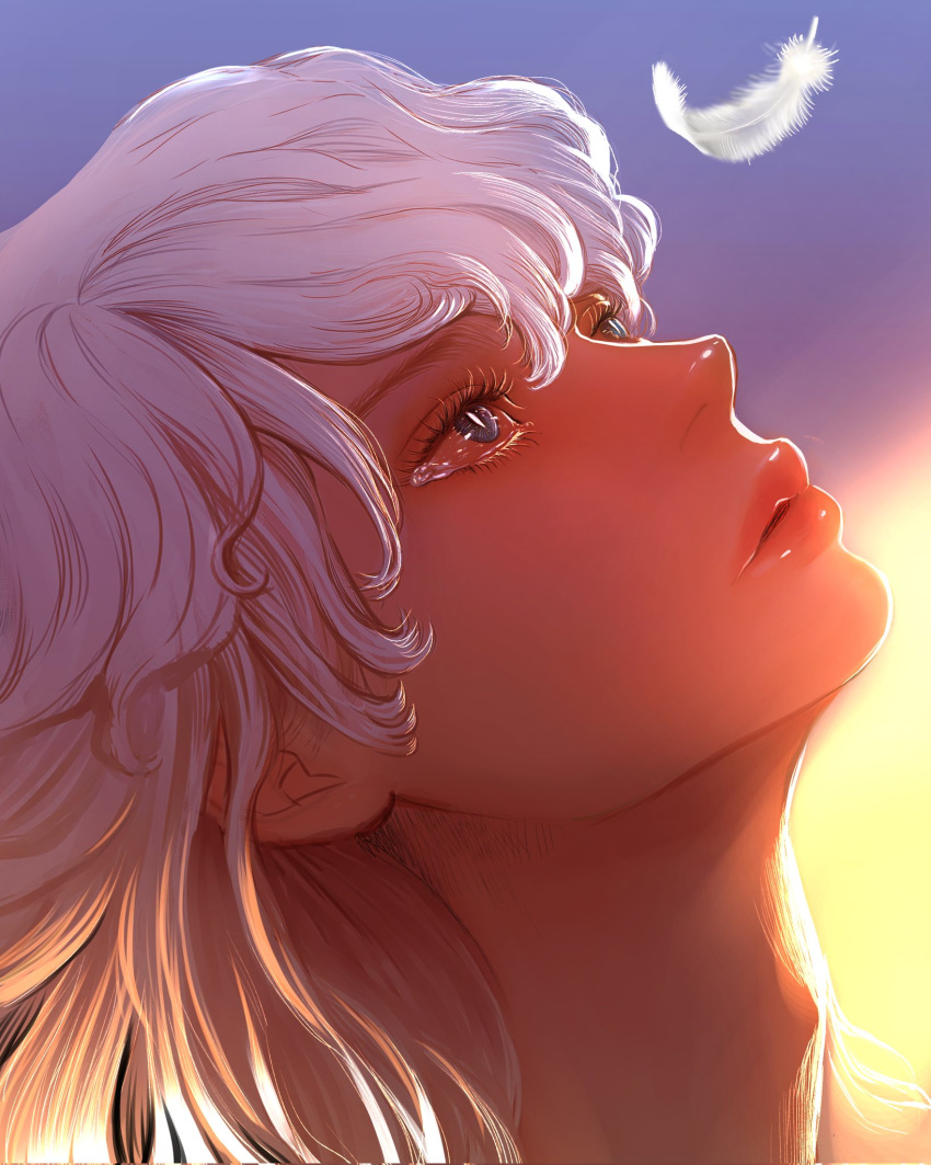 1boy androgynous bangs berserk blue_eyes commentary_request curly_hair eyelashes feathers griffith_(berserk) hair_between_eyes highres long_hair looking_up male_focus nisino2222 open_mouth parted_lips slit_pupils teardrop tearing_up wavy_hair