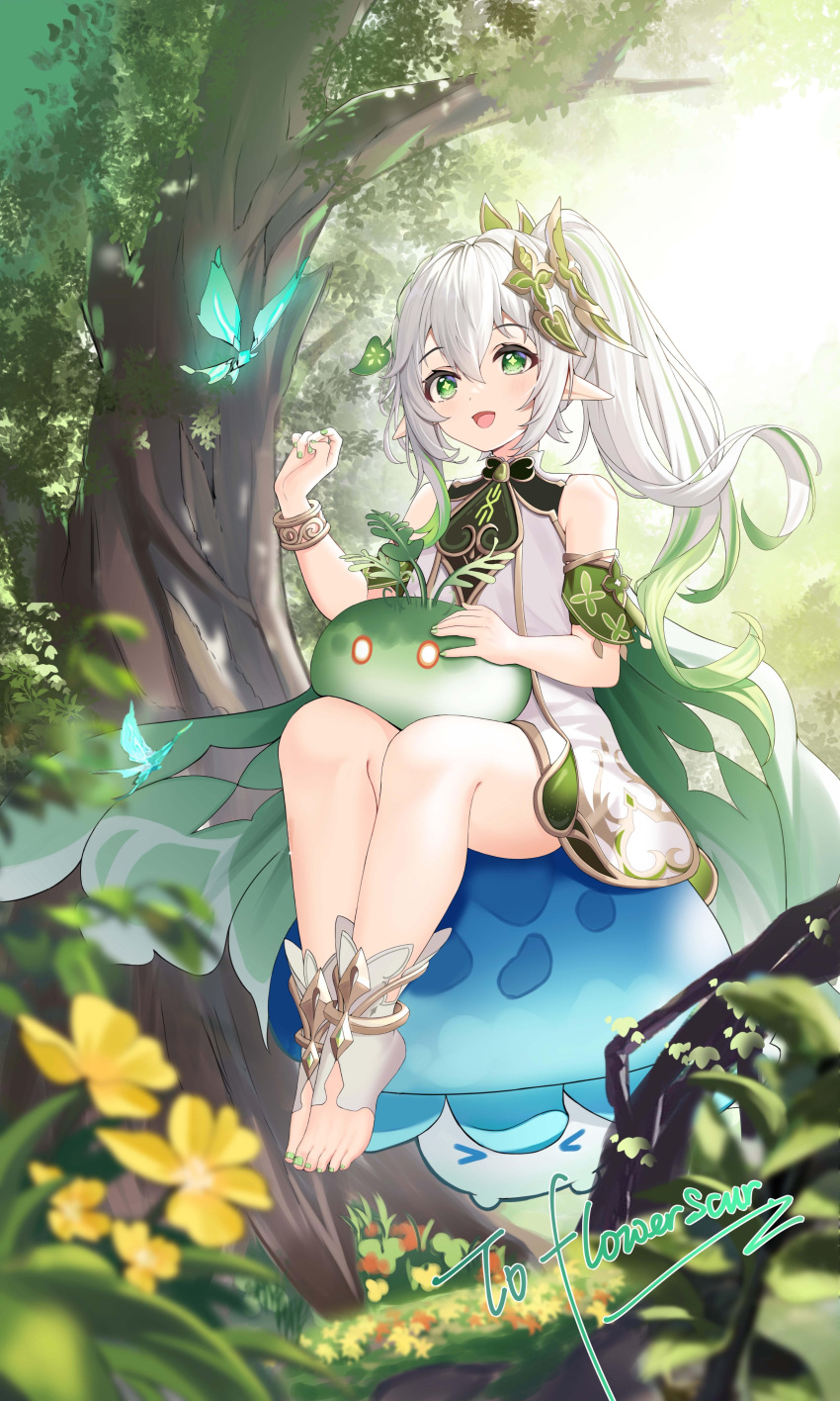 1girl absurdres bangs bloomers bracelet braid cape cross-shaped_pupils crystalfly_(genshin_impact) detached_sleeves dress female_child flower fungi_(genshin_impact) genshin_impact gold_trim gradient_hair green_cape green_eyes green_hair green_sleeves hair_ornament highres jewelry leaf_hair_ornament long_hair multicolored_hair nahida_(genshin_impact) open_mouth outdoors pointy_ears side_braid side_ponytail sitting sleeveless sleeveless_dress slime_(genshin_impact) smile stirrup_footwear stirrup_legwear symbol-shaped_pupils takeawatch toeless_footwear toeless_legwear tree underwear white_bloomers white_dress white_footwear white_hair