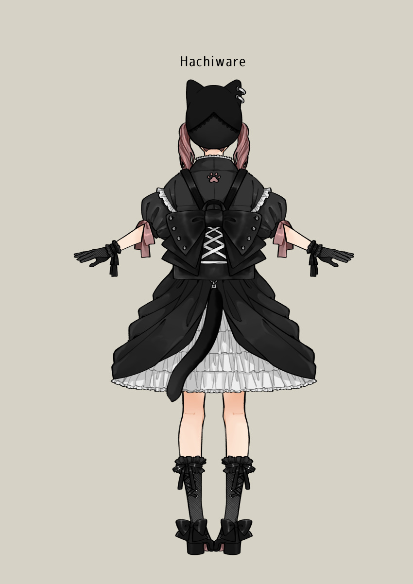 1girl absurdres animal_ears animal_hat back_bow backpack bag black_bow black_dress black_footwear black_gloves black_headwear black_socks bow cat_ears cat_hat cat_tail cross-laced_clothes cross-laced_legwear dress earrings facing_away fake_animal_ears fake_tail footwear_bow frilled_dress frills from_behind full_body gloves hanatsuki hat highres jewelry lolita_fashion long_hair long_sleeves multiple_earrings original outstretched_arms paw_print pink_hair pink_ribbon puffy_short_sleeves puffy_sleeves ribbon shoes short_sleeves simple_background socks solo standing tail twintails wrist_cuffs