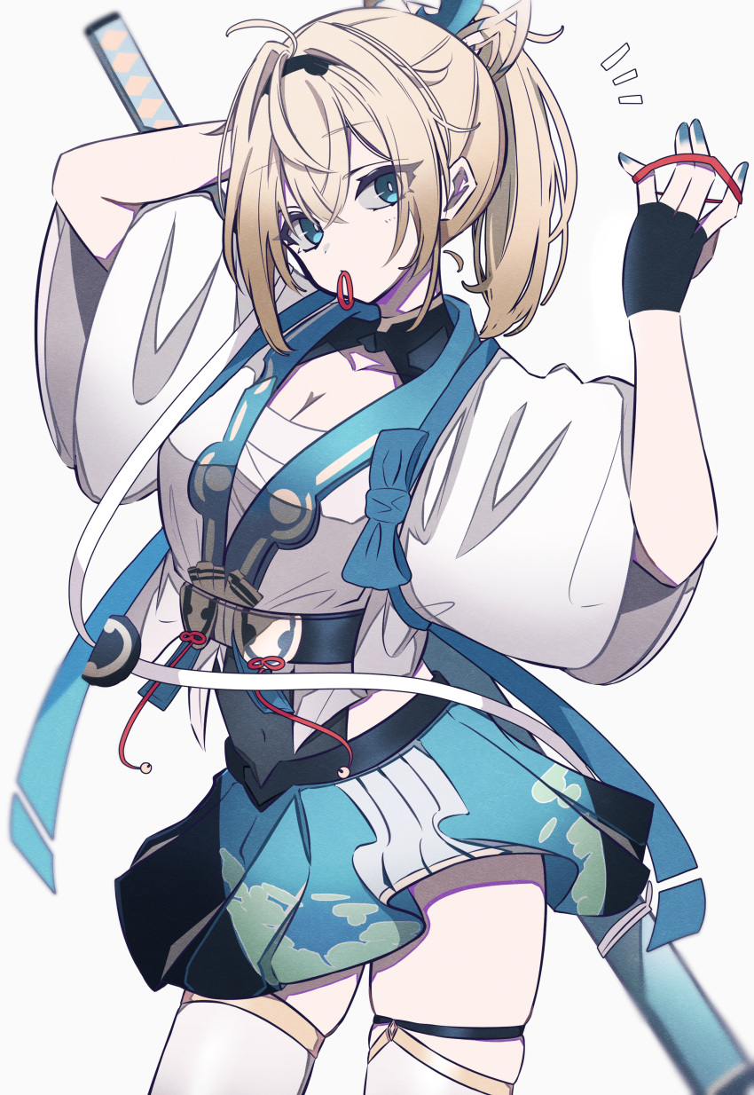 1girl absurdres blonde_hair blue_eyes chest_sarashi fingerless_gloves gloves green_nails green_skirt hair_tie_in_mouth haori highres hololive japanese_clothes katana kazama_iroha mouth_hold nanashnojo ponytail sarashi skindentation skirt sword thigh-highs tying_hair virtual_youtuber weapon weapon_on_back wide_sleeves