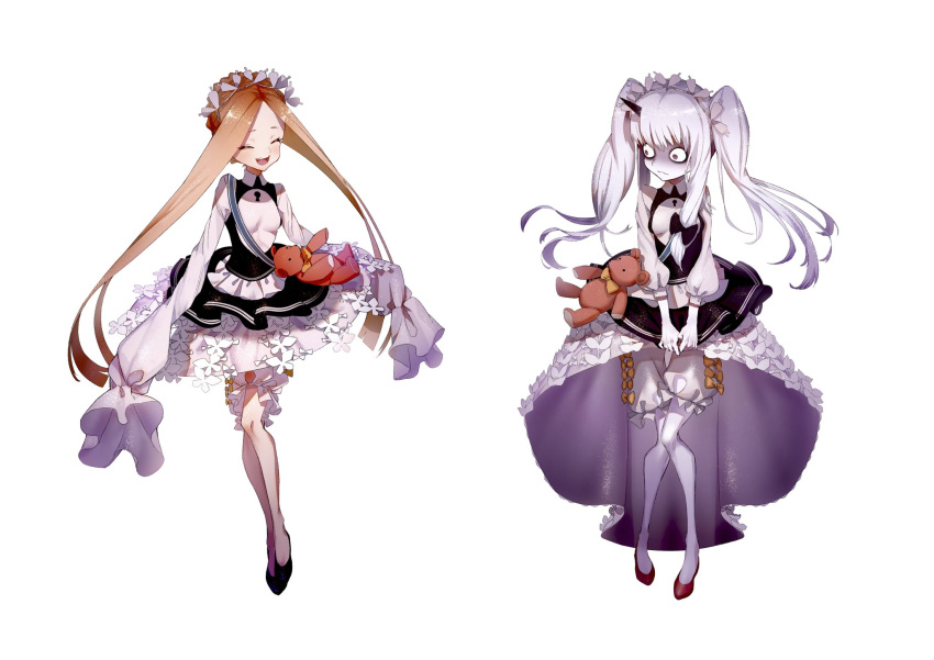 2girls abigail_williams_(fate) abigail_williams_(festival_outfit)_(fate) abigail_williams_(festival_outfit)_(fate)_(cosplay) albino bags_under_eyes bangs black_footwear blonde_hair bloomers blush bow closed_eyes collared_dress colored_skin constricted_pupils cosplay dress fate/grand_order fate_(series) full_body highres horns keyhole lavinia_whateley_(fate) long_hair looking_at_another multiple_girls official_alternate_costume open_mouth orange_bow ota_(ota-0000) parted_bangs red_footwear simple_background single_horn sleeves_past_fingers sleeves_past_wrists smile stuffed_animal stuffed_toy teddy_bear twintails two-tone_dress underwear very_long_hair violet_eyes wavy_mouth white_background white_bloomers white_hair white_skin wide-eyed