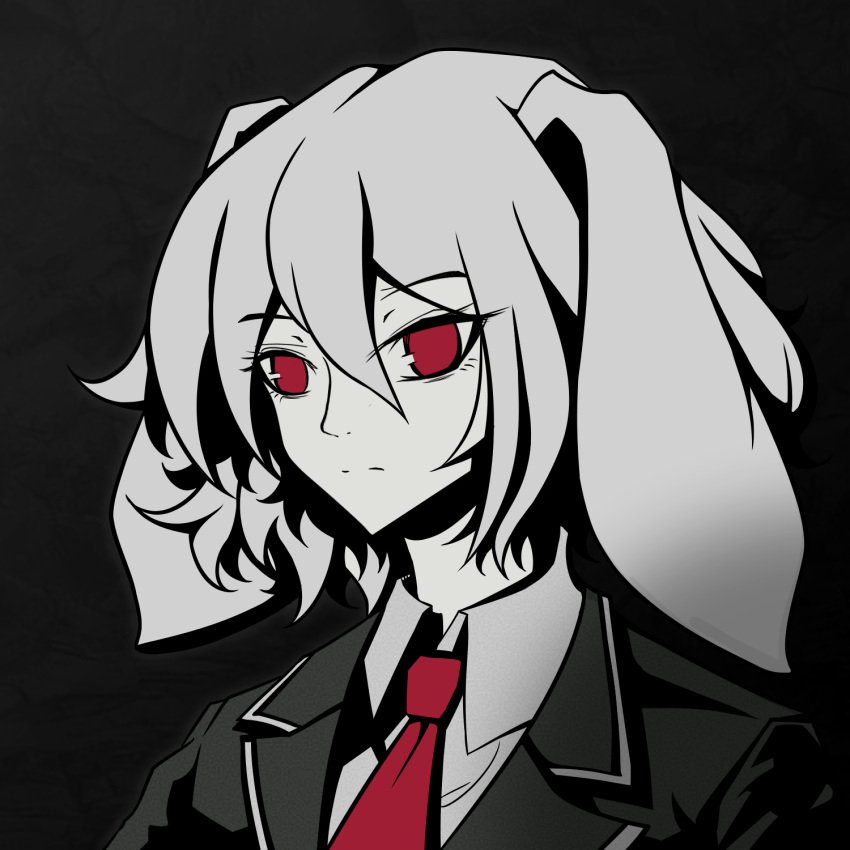 1girl animal_ears bangs blazer closed_mouth collared_shirt duojiaomaotou-tougarashi expressionless floppy_ears greyscale hair_between_eyes highres jacket looking_at_viewer monochrome necktie portrait rabbit_ears rabbit_girl red_eyes red_necktie reisen_(touhou_bougetsushou) shirt short_hair solo spot_color touhou