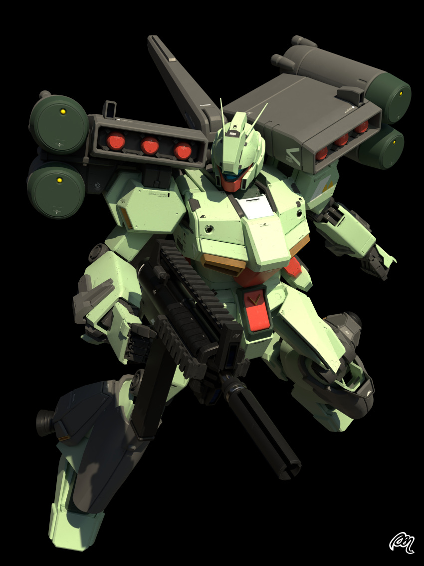 3d absurdres assault_rifle black_background blender_(medium) english_commentary gun gundam gundam_unicorn highres jetpack looking_at_viewer machinery mecha missile_pod mjeff mobile_suit no_humans realistic rifle robot science_fiction signature solo stark_jegan thrusters weapon