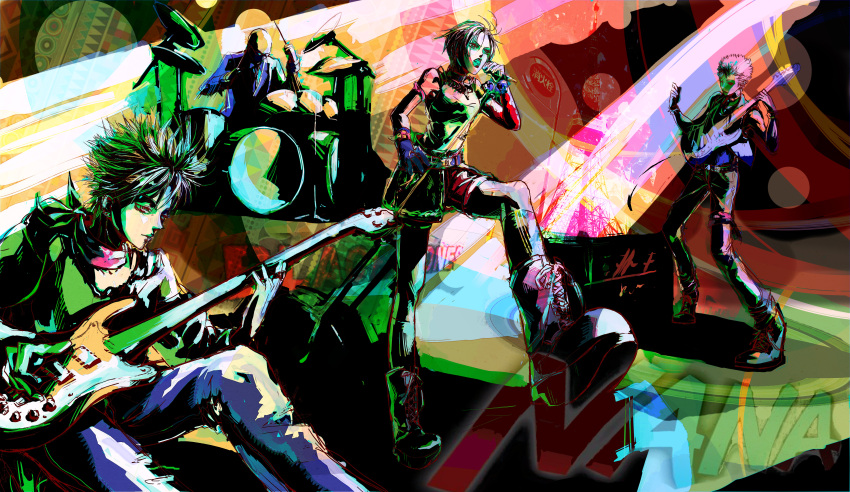 1girl 3boys 3others absurdres concert drum drum_set drumsticks guitar highres holding holding_instrument instrument microphone microphone_stand multicolored_background multiple_boys multiple_others musashi_(13652339978) music nana_(series) okazaki_shin'ichi osaki_nana playing_instrument spotlight takagi_yasushi terashima_nobu