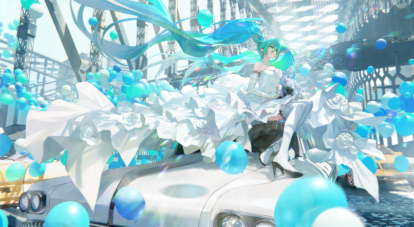 1girl balloon bare_shoulders blue_eyes blue_hair boots bouquet car closed_mouth dress elbow_gloves gloves ground_vehicle hatsune_miku highres jewelry long_hair motor_vehicle necklace pearl_necklace perspective sitting_on_car smile strapless strapless_dress thigh-highs thigh_boots ttk_(kirinottk) twintails vocaloid white_dress white_gloves white_thighhighs