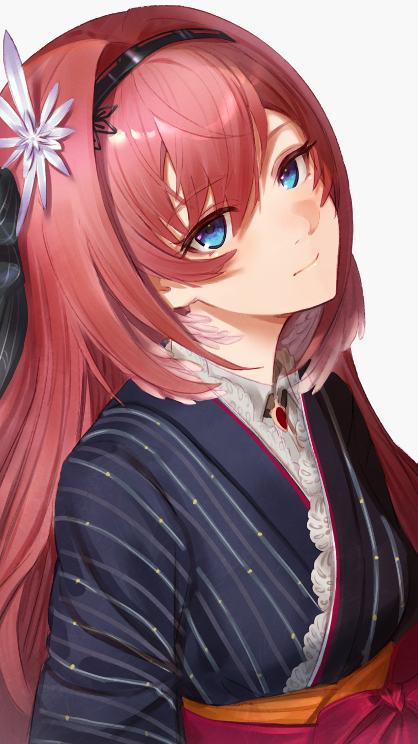 1girl absurdres blue_eyes closed_mouth flower hair_between_eyes hair_flower hair_ornament hairband highres hololive huuukky japanese_clothes kimono long_hair obi pink_hair sash simple_background solo striped striped_kimono takane_lui vertical-striped_kimono vertical_stripes virtual_youtuber white_background