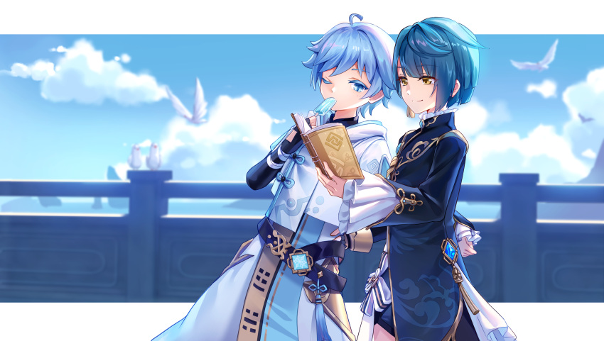 2boys bangs bird black_gloves blue_eyes blue_hair book chinese_clothes chongyun_(genshin_impact) clouds cloudy_sky earrings fingerless_gloves food genshin_impact gloves highres holding holding_book ice_cream jewelry lalazyt long_coat long_sleeves male_focus multiple_boys one_eye_closed short_hair single_earring sky tassel tassel_earrings vision_(genshin_impact) xingqiu_(genshin_impact) yellow_eyes