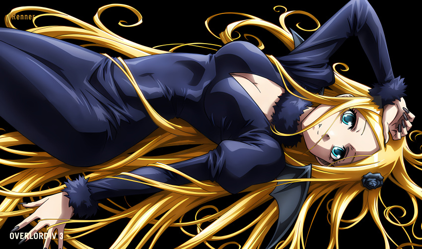 1girl absurdres black_flower blonde_hair blue_eyes breasts demon_girl demon_wings fang flower hair_ornament highres long_hair looking_at_viewer medium_breasts official_art overlord_(maruyama) princess renner_theiere_chardelon_ryle_vaiself resized smile solo third-party_edit upscaled very_long_hair wings