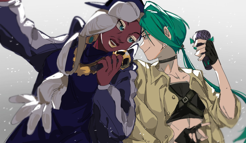 2girls androgynous backwards_hat closed_mouth dark-skinned_female dark_skin dreadlocks ear_piercing eyeshadow green_eyes green_hair hat highres holding holding_microphone jacket jewelry lipstick long_hair looking_at_another makeup mature_female mei_(manjunii) microphone midriff multiple_girls open_clothes open_jacket open_shirt piercing pokemon pokemon_(game) pokemon_sv ponytail rika_(pokemon) ryme_(pokemon) track_jacket white_hair yellow_eyeshadow