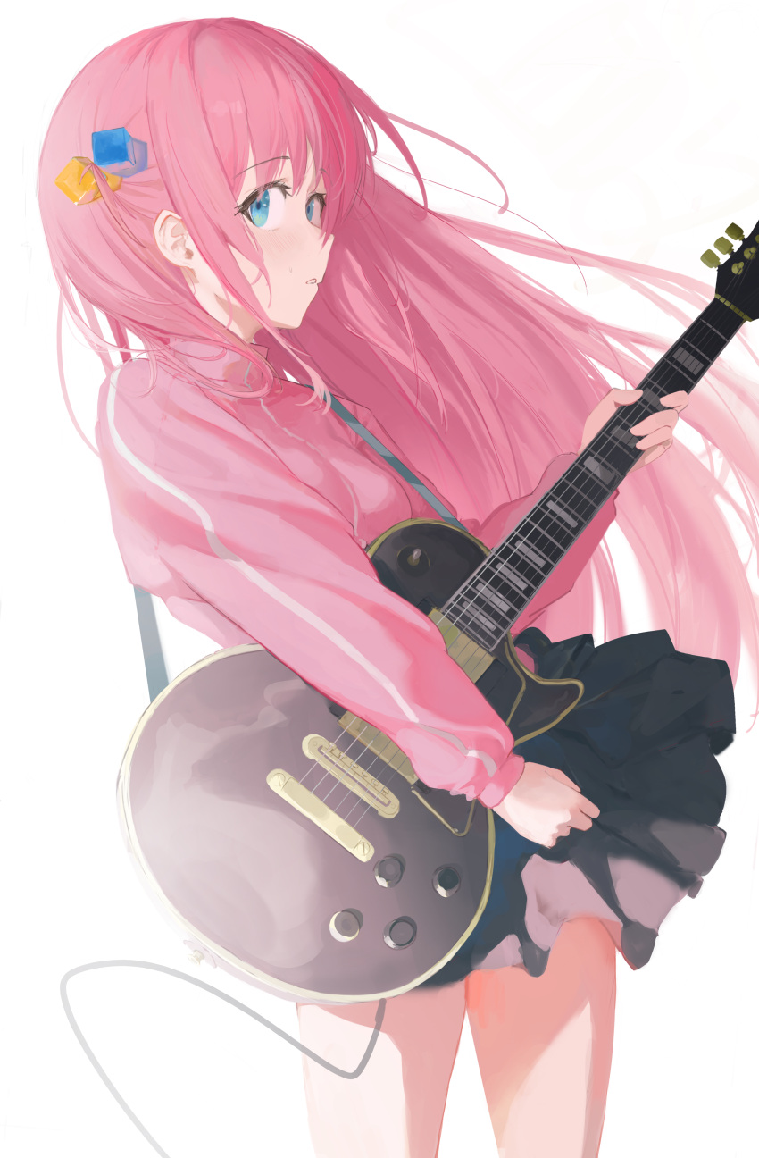 1girl absurdres bangs bare_legs blue_eyes bocchi_the_rock! cowboy_shot cube_hair_ornament darr1o electric_guitar gibson_les_paul gotou_hitori grey_skirt guitar hair_ornament highres instrument jacket long_hair miniskirt pink_hair pink_jacket pleated_skirt simple_background skirt solo track_jacket white_background