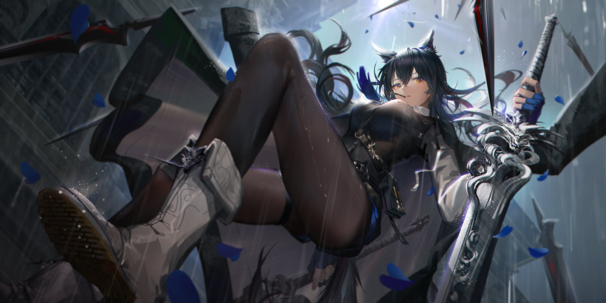 1girl animal_ears arknights black_hair black_jacket black_pantyhose black_vest blue_gloves blue_necktie blue_shorts boots commentary food food_in_mouth gloves highres holding holding_sword holding_weapon jacket jacket_on_shoulders long_hair necktie orange_eyes pantyhose pantyhose_under_shorts parted_lips pocky rain ren_(gh) shirt shorts solo sword symbol-only_commentary tail texas_(arknights) texas_the_omertosa_(arknights) vest weapon white_footwear white_shirt wolf_ears wolf_tail