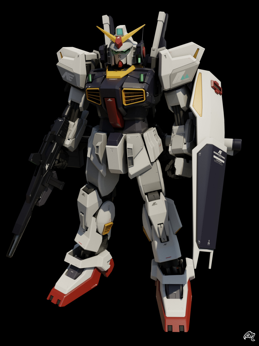 3d absurdres anaheim_electronics beam_rifle black_background blender_(medium) blue_eyes energy_gun english_commentary gundam highres looking_at_viewer machinery mecha mjeff mobile_suit no_humans realistic robot roundel rx-78-2 science_fiction shield signature solo weapon