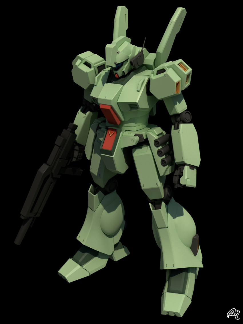 3d absurdres assault_rifle black_background blender_(medium) english_commentary gun gundam gundam_unicorn highres jegan_d_type looking_at_viewer machinery mecha mjeff mobile_suit no_humans radio_antenna realistic rifle robot science_fiction signature solo weapon