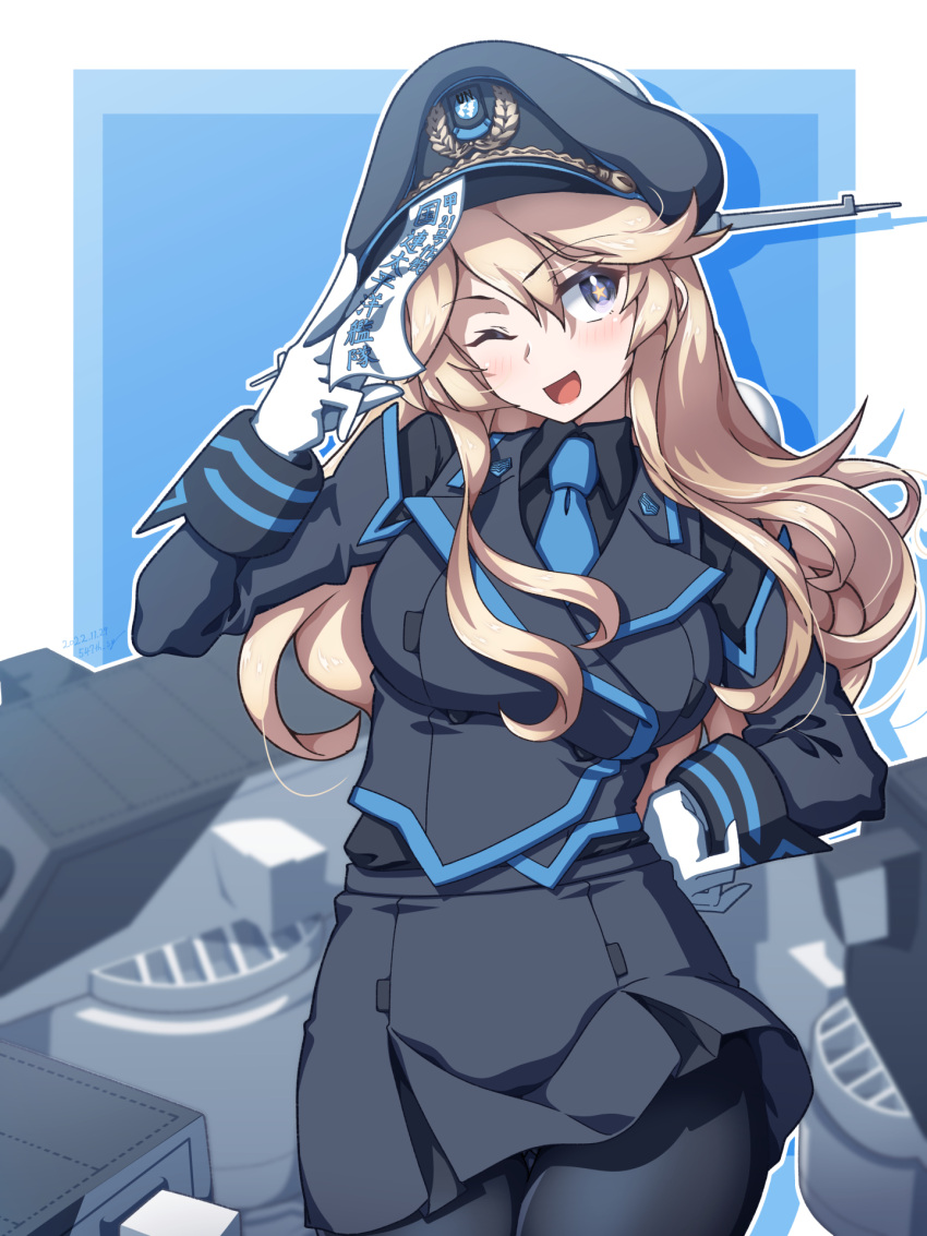 1girl 547th_sy ass_visible_through_thighs black_pantyhose blonde_hair blue_background blue_eyes blue_necktie breasts cannon collared_shirt commentary_request cosplay cowboy_shot gloves hat highres iowa_(kancolle) jacket kantai_collection large_breasts looking_at_viewer military military_uniform muvluv muvluv_alternative necktie ofuda one_eye_closed open_mouth pantyhose peaked_cap rigging shirt skirt smokestack solo turret uniform united_nations white_background white_gloves