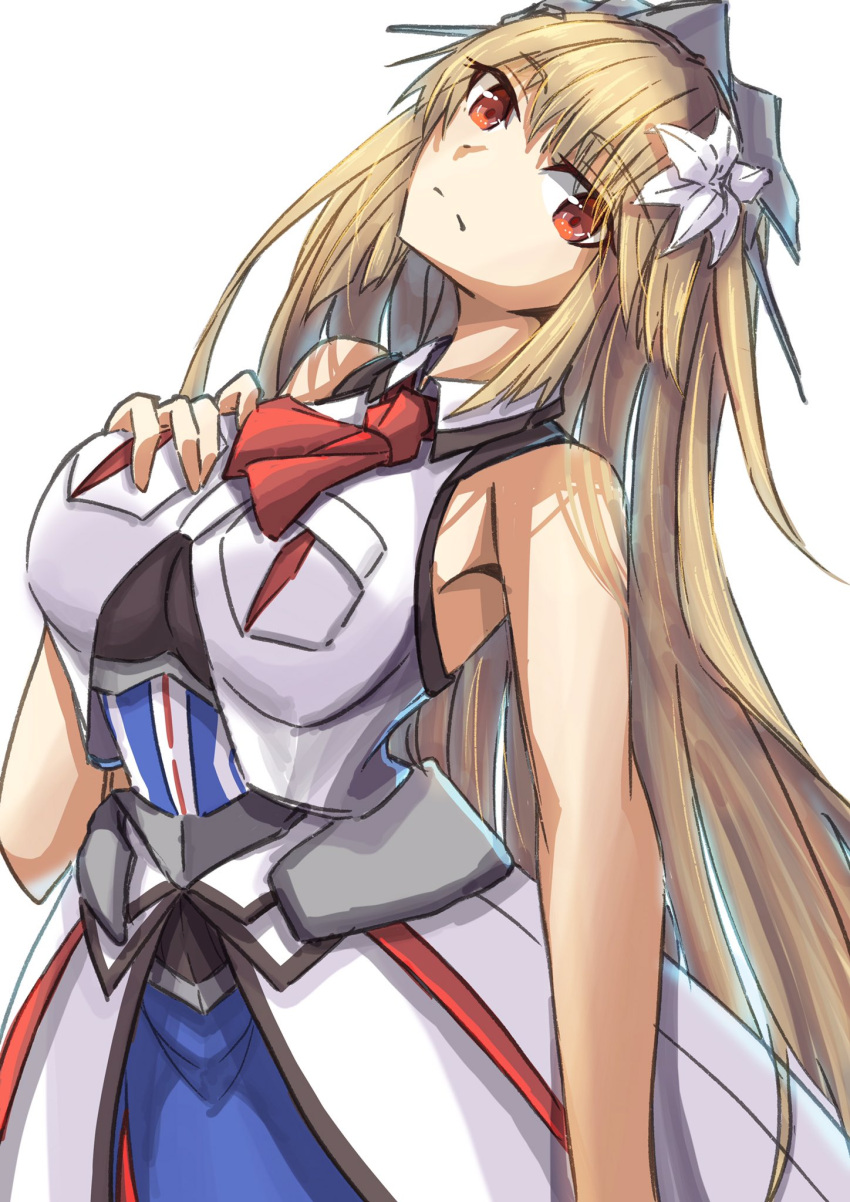 1girl black_shirt blonde_hair blue_skirt breasts brooklyn_(kancolle) flower hair_flower hair_ornament hand_on_own_chest highres jacket kantai_collection large_breasts long_hair looking_at_viewer neckerchief red_eyes shirt skirt sleeveless sleeveless_jacket solo tonke undershirt white_jacket