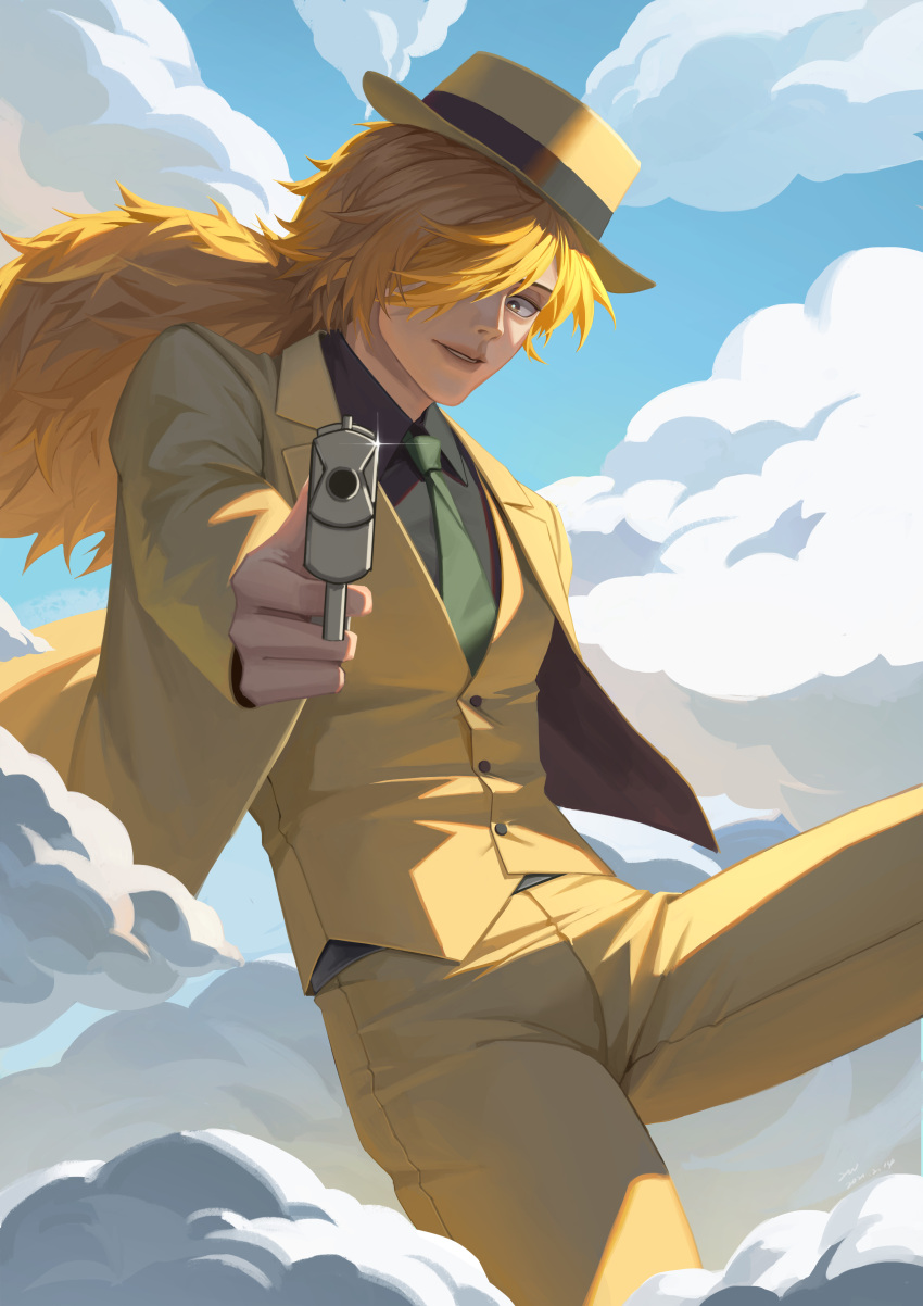 1boy absurdres blonde_hair clouds day erdan_oo green_necktie gun hair_over_one_eye hat highres holding holding_gun holding_weapon inugami_kohachi kemono_jihen long_sleeves looking_at_viewer male_focus necktie outdoors pants pointing pointing_at_viewer vest weapon yellow_pants yellow_vest