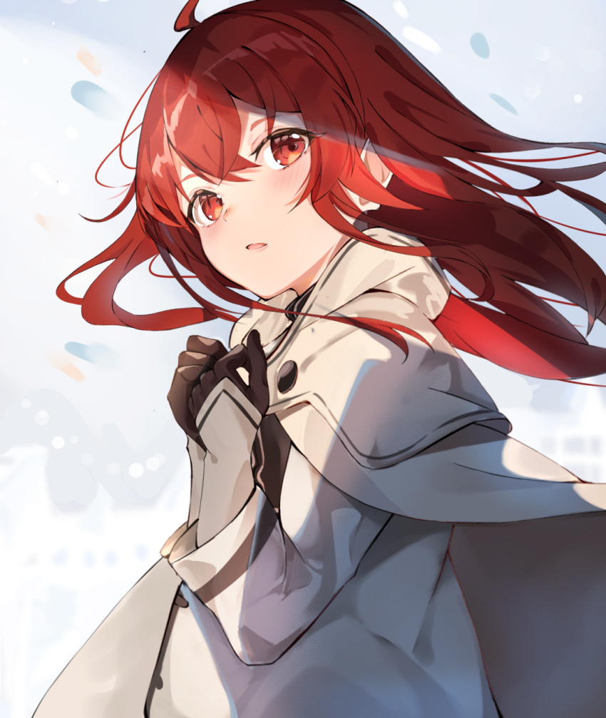 1girl ahoge bangs black_gloves commentary eris_greyrat facing_viewer gloves grey_cloak hair_between_eyes hands_on_own_chest highres long_hair long_sleeves looking_away mushoku_tensei open_mouth red_eyes redhead runep simple_background solo upper_body white_background wind