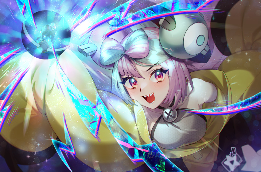 1girl bow-shaped_hair character_hair_ornament hair_ornament hexagon_print highres iono_(pokemon) jacket mimiko_(fuji_310) oversized_clothes pokemon pokemon_(game) pokemon_sv sharp_teeth sleeves_past_fingers sleeves_past_wrists solo star_(symbol) star_in_eye symbol_in_eye teeth very_long_sleeves x yellow_jacket