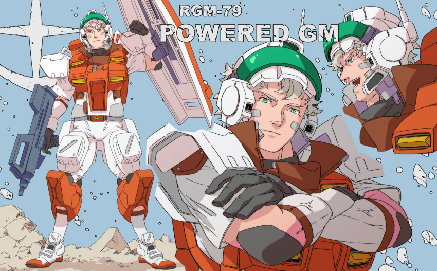 1boy 8823 black_gloves character_name cropped_torso crossed_arms full_body gloves green_eyes grey_hair gun gundam gundam_0083 highres holding holding_gun holding_weapon humanization light_smile looking_ahead looking_at_viewer male_focus mecha_danshi multiple_views open_mouth power_armor powered_gm shield standing upper_body weapon
