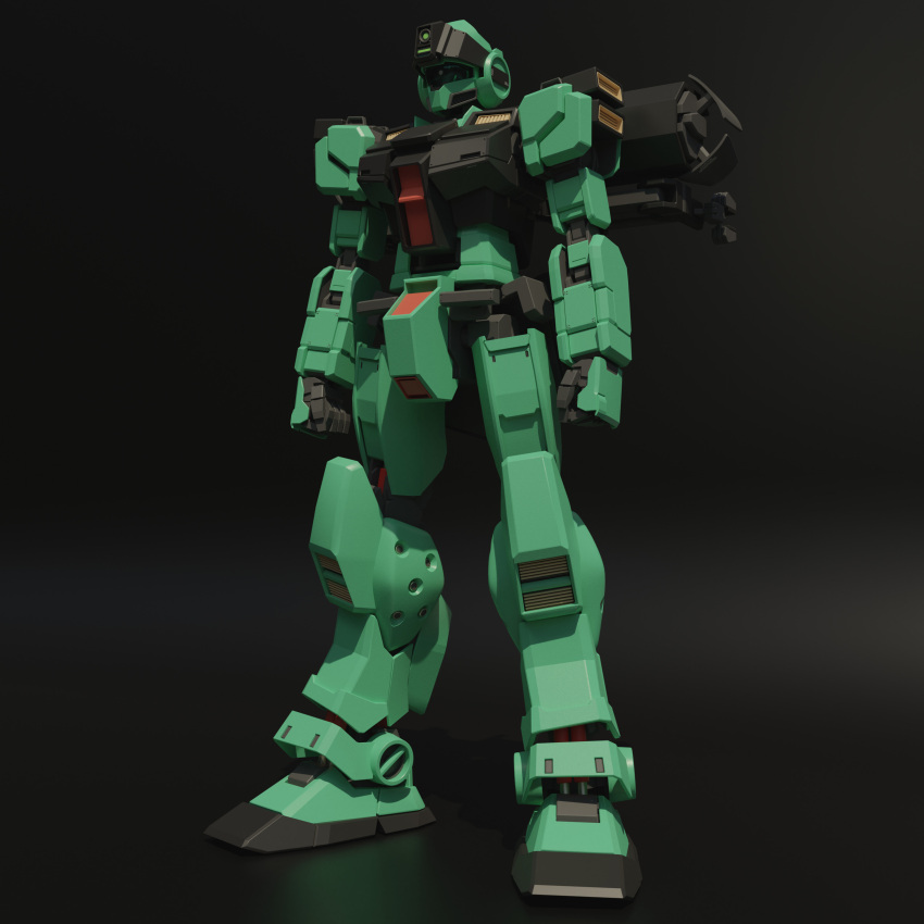 3d absurdres blender_(medium) clenched_hands concept_art english_commentary gm_sniper_ii gradient gradient_background gundam highres jetpack machinery mecha mjeff mobile_suit no_humans realistic robot science_fiction solo thrusters