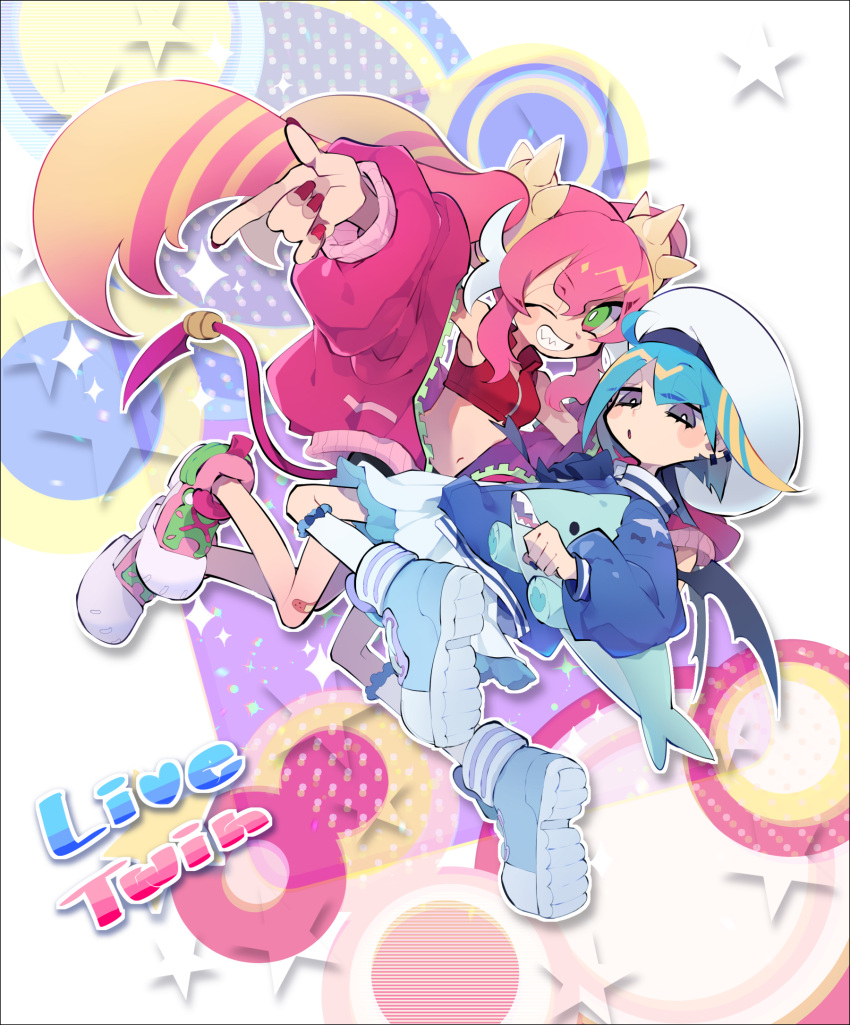 2girls bike_shorts blue_hair blue_jacket bright_pupils dress duel_monster grin hat highres holding holding_stuffed_toy jacket ki-sikil_(yu-gi-oh!) kneehighs lil-la_(yu-gi-oh!) live_twin_ki-sikil live_twin_lil-la long_hair mizukusa_mimizu multicolored_eyes multicolored_hair multiple_girls one_eye_closed open_clothes open_jacket outstretched_arm parted_lips pink_hair shoes smile socks streaked_hair stuffed_toy tail teeth twintails violet_eyes white_pupils wings yu-gi-oh!