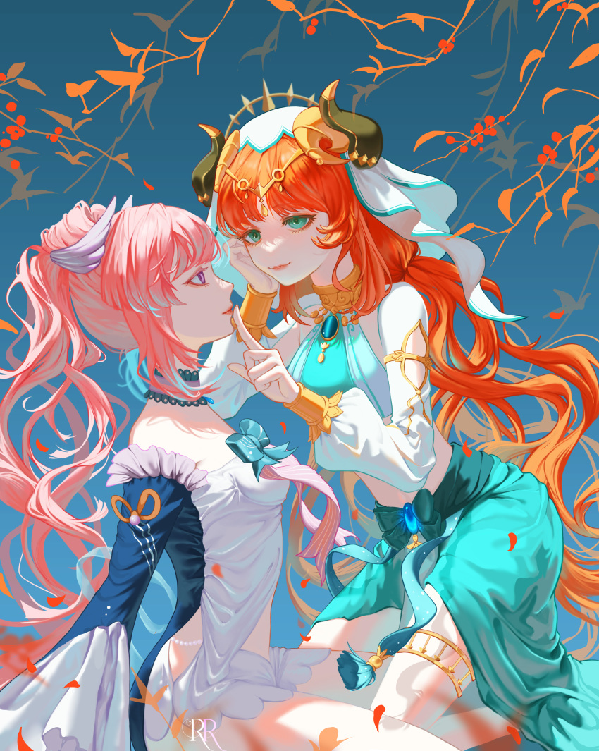 2girls absurdres bangs beads blue_background blue_gemstone blue_skirt bracer breasts brooch cheek_rest choker circlet closed_mouth crop_top dress fake_horns finger_to_another's_mouth gem genshin_impact green_eyes hand_on_own_face harem_outfit head_wings highres horns index_finger_raised jewelry lips long_hair long_sleeves looking_at_another looking_at_viewer midriff multiple_girls neck_ring nilou_(genshin_impact) parted_bangs pink_hair puffy_long_sleeves puffy_sleeves redhead rolling-ruffles sangonomiya_kokomi skirt small_breasts smile thighlet thighs twintails veil wavy_hair white_headwear white_sleeves