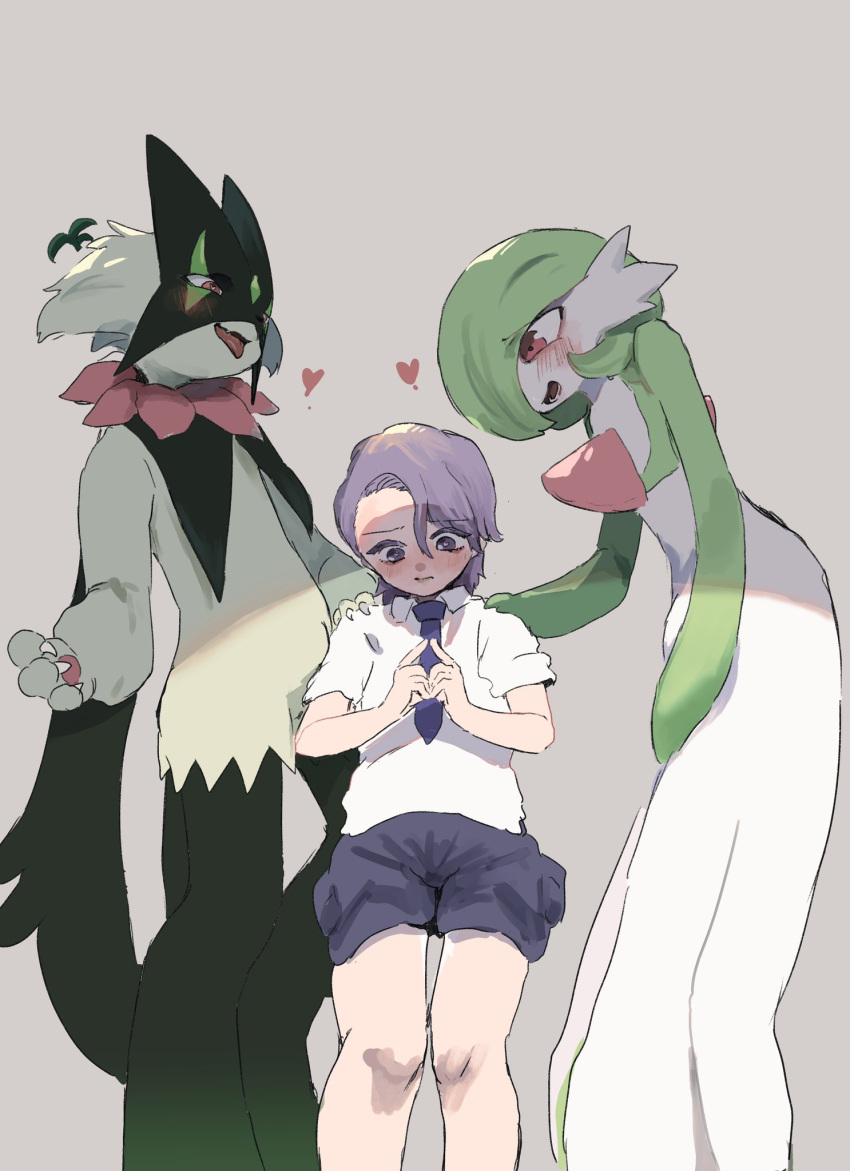 3boys animal_hands bangs blue_necktie blue_shorts blush bob_cut body_fur claws closed_mouth collared_shirt colored_skin commentary_request florian_(pokemon) from_below furry furry_male gardevoir green_fur green_hair green_skin grey_background hair_between_eyes hair_over_one_eye half-closed_eyes hand_on_another's_shoulder hands_up happy heart heart-shaped_pupils height_difference highres index_fingers_together kajitsu_ohima leaning_forward looking_at_another looking_down male_focus meowscarada multicolored_skin multiple_boys necktie nervous nose_blush one_eye_covered open_mouth otoko_no_ko own_hands_together pawpads pokemon pokemon_(creature) pokemon_(game) pokemon_sv purple_hair red_eyes school_uniform shirt short_hair short_shorts short_sleeves shorts simple_background sketch smile standing symbol-shaped_pupils teeth two-tone_fur two-tone_skin white_shirt white_skin