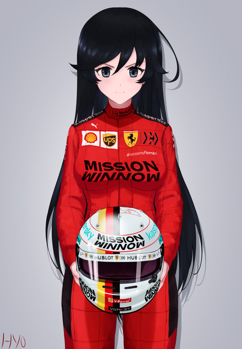 1girl absurdres ahoge artist_name bangs black_eyes black_hair closed_mouth commentary cowboy_shot english_commentary ferrari formula_one girls_und_panzer grey_background helmet highres holding holding_helmet hyo isuzu_hana jumpsuit logo long_hair long_sleeves looking_at_viewer motorcycle_helmet racing_suit red_jumpsuit shadow signature simple_background smile solo standing white_headwear
