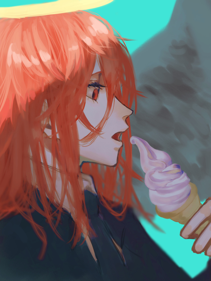 1boy absurdres angel_devil_(chainsaw_man) angel_wings black_jacket black_necktie blue_background bonjindaaa chainsaw_man collared_shirt food formal halo highres holding_ice_cream ice_cream ice_cream_cone jacket long_hair looking_at_object messy_hair necktie open_mouth red_eyes redhead shirt simple_background solo suit white_shirt wings