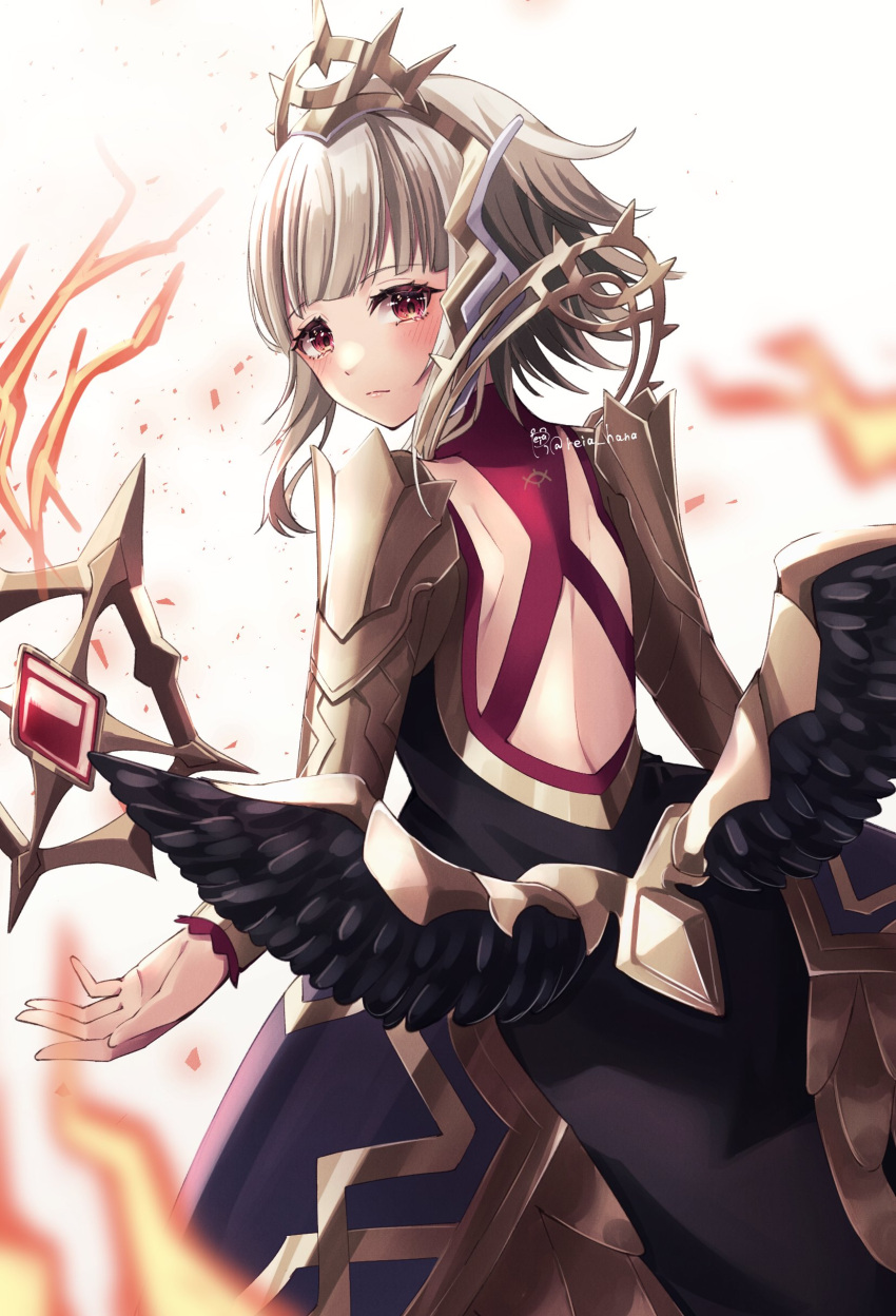 1girl absurdres backless_dress backless_outfit dress fake_wings feathered_wings fire_emblem fire_emblem_heroes from_behind gold_trim grey_hair halo highres looking_at_viewer looking_back official_alternate_costume official_alternate_hairstyle red_eyes reia_hana short_hair_with_long_locks solo tiara veronica_(fire_emblem) watermark wings