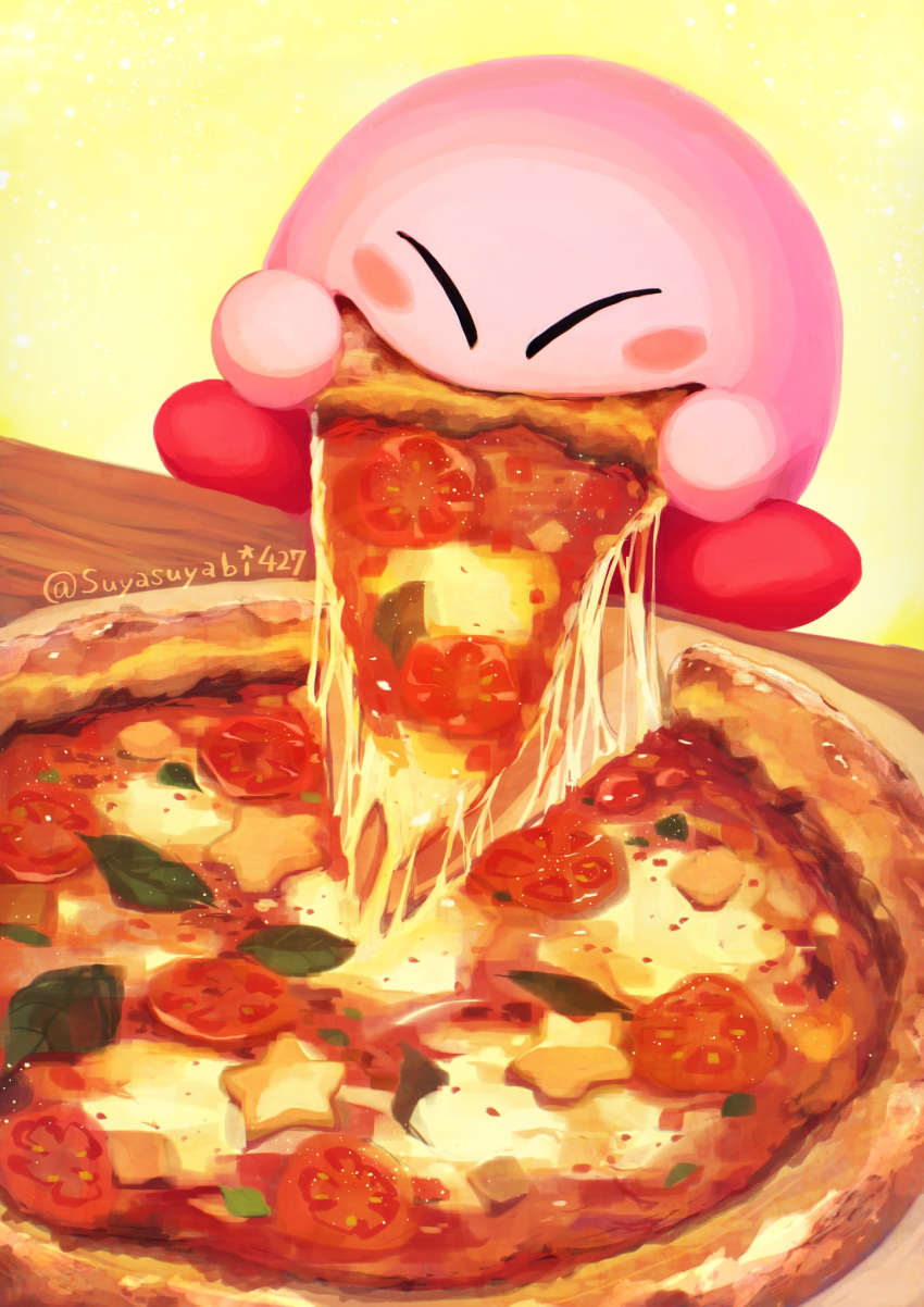 artist_name blush blush_stickers cheese_trail closed_eyes eating food food_in_mouth full_body highres holding holding_food holding_pizza kirby kirby_(series) leaf no_humans pizza red_footwear shoes sitting star_(symbol) suyasuyabi table tomato twitter_username yellow_background