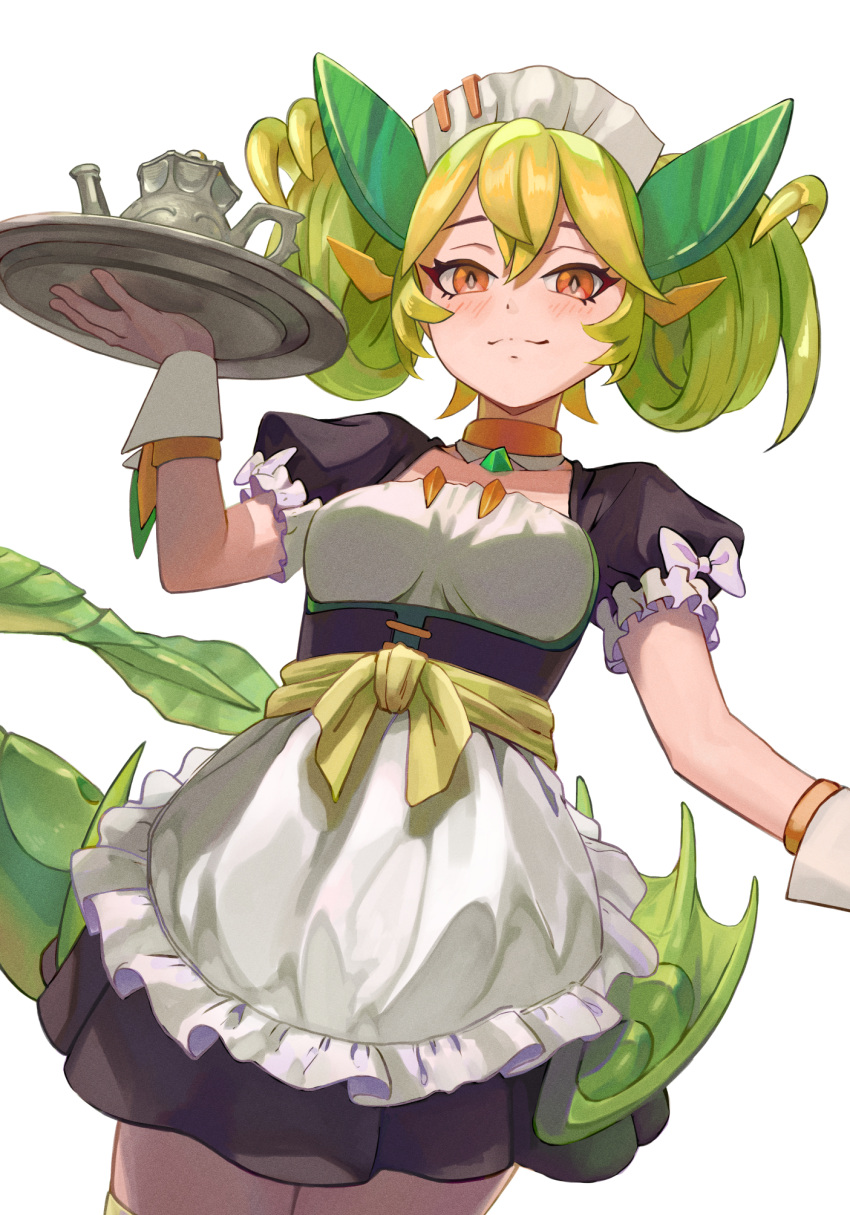 1girl apron breasts choker dragon_girl dragon_horns dragon_tail duel_monster green_hair green_horns green_wings hair_between_eyes hand_up highres holding holding_plate horns kiyama looking_down maid maid_apron maid_headdress orange_eyes parlor_dragonmaid plate puffy_sleeves solo tail teapot twintails wings wrist_cuffs yu-gi-oh!