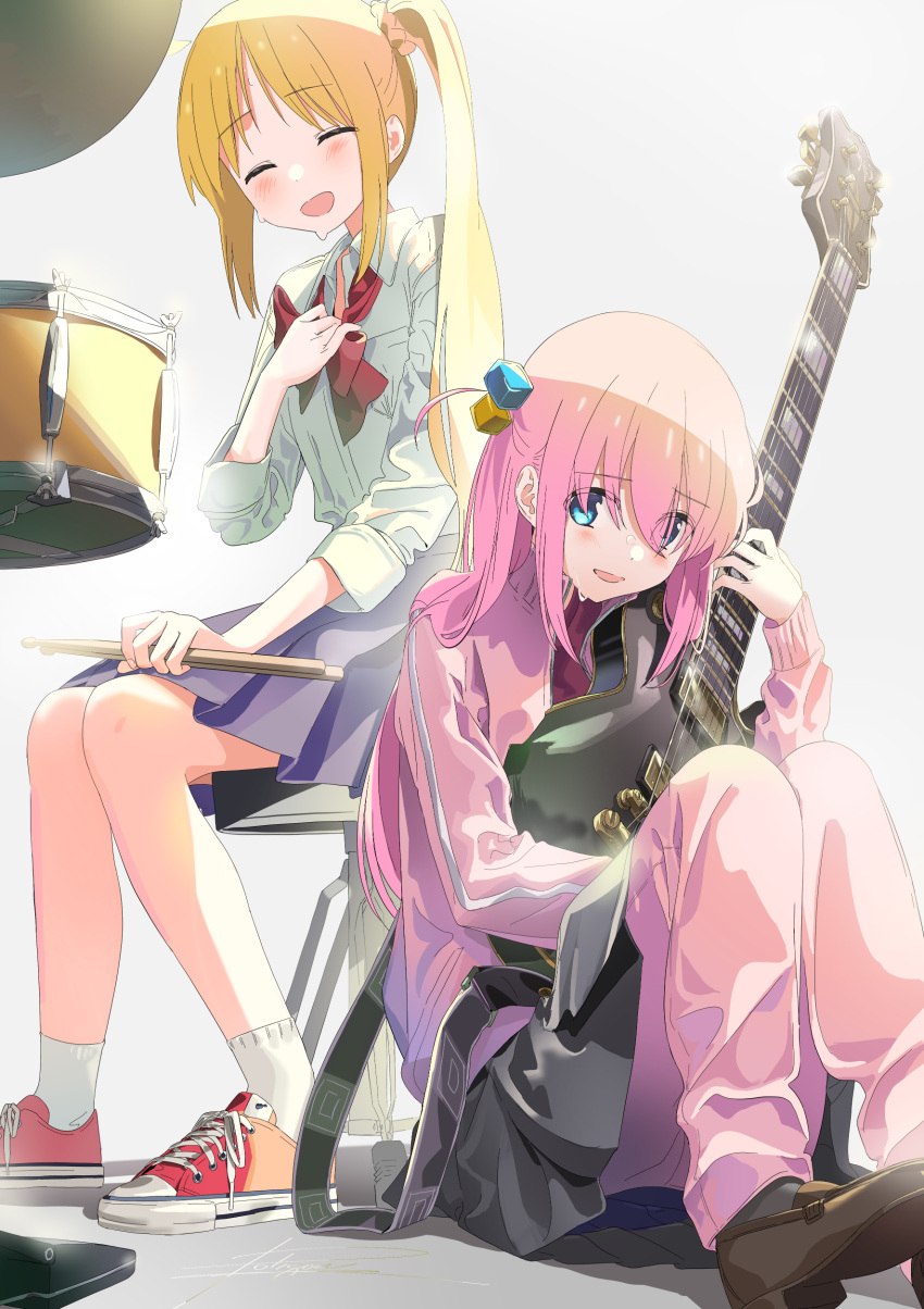 2girls absurdres bangs blonde_hair blue_eyes blue_skirt bocchi_the_rock! bow collared_shirt cube_hair_ornament drum drum_set electric_guitar gibson_les_paul gotou_hitori grey_skirt guitar hair_between_eyes hair_ornament hair_over_eyes highres holding holding_instrument ijichi_nijika instrument jacket long_hair looking_at_viewer multiple_girls object_hug one_side_up open_mouth pants pants_under_skirt pink_hair pink_jacket pink_pants pleated_skirt poligon_(046) red_bow red_footwear school_uniform shirt shoes side_ponytail sidelocks sitting skirt smile sneakers track_jacket track_pants white_shirt