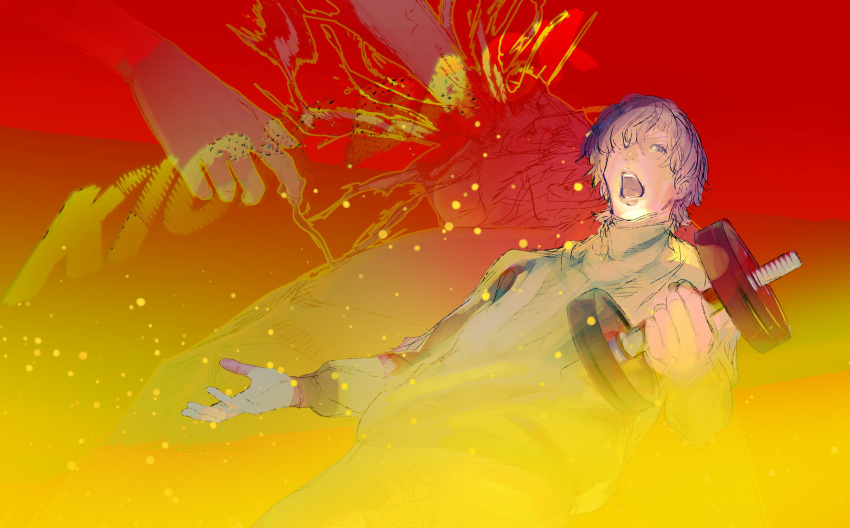 1boy absurdres ammenite chainsaw chainsaw_man disembodied_limb dumbbell hair_over_one_eye highres kick_back_(music_video) limited_palette open_mouth red_background short_hair solo_focus track_suit transformation yonezu_kenshi_(person)