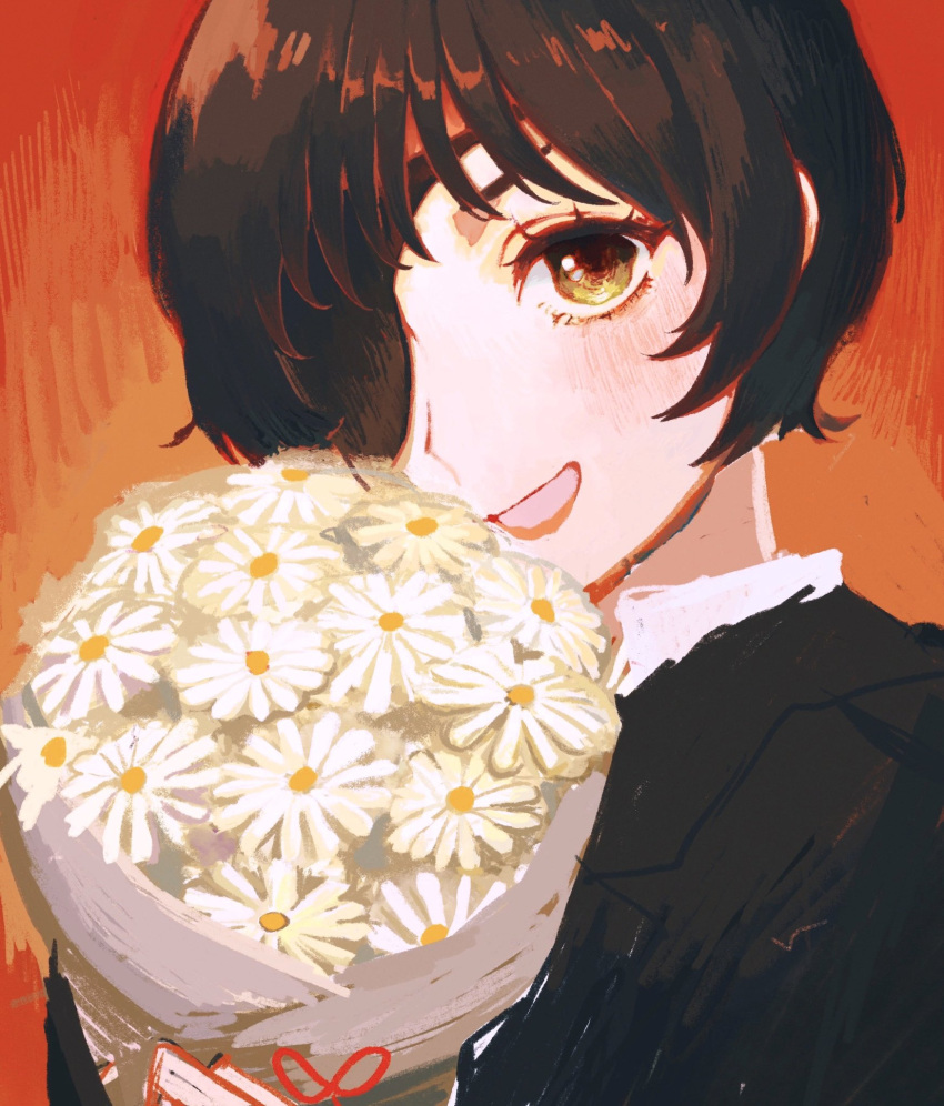1girl black_hair blush bouquet chainsaw_man collared_shirt eyepatch flower formal highres himeno_(chainsaw_man) hohi27 holding holding_bouquet open_mouth orange_background shirt simple_background smile solo suit white_flower white_shirt