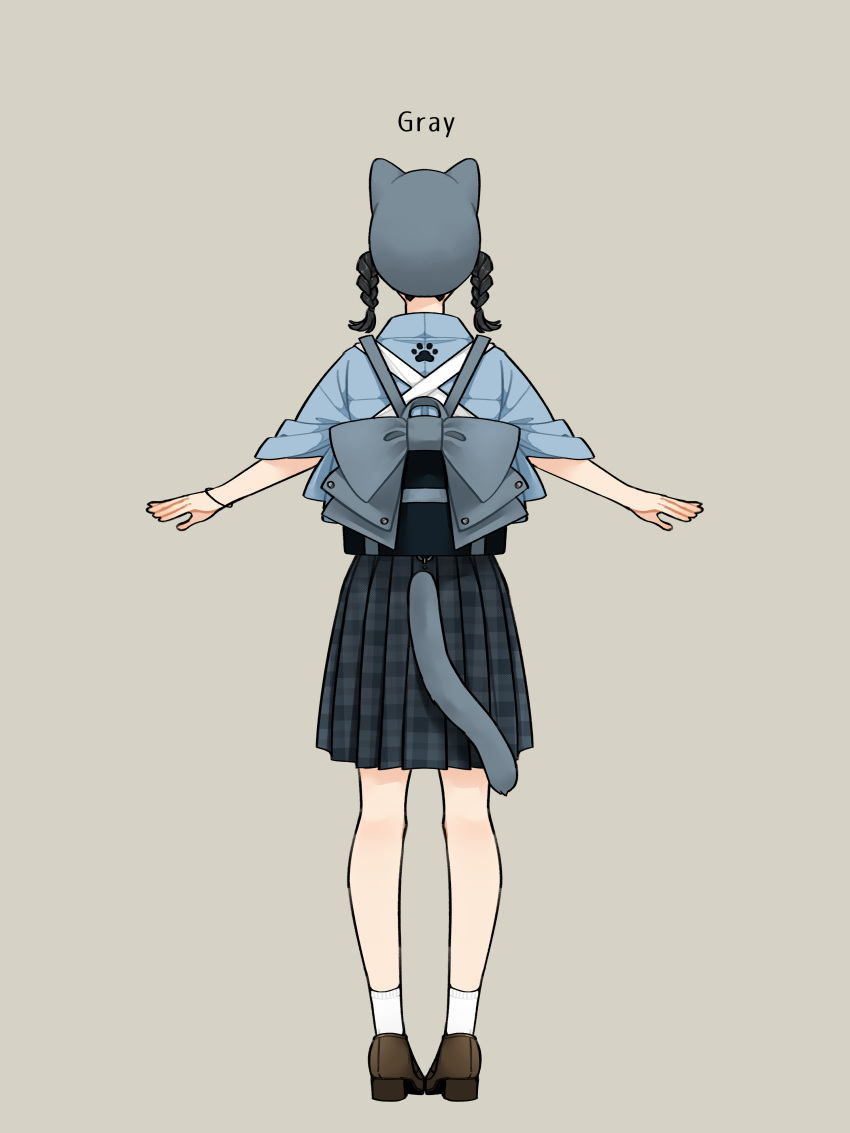 1girl absurdres animal_ears animal_hat back_bow backpack bag black_hair blue_bow blue_headwear blue_shirt bow bracelet braid brown_footwear cat_ears cat_hat cat_tail facing_away fake_animal_ears fake_tail from_behind full_body grey_skirt hanatsuki hat highres jewelry long_sleeves miniskirt original outstretched_arms paw_print plaid plaid_skirt pleated_skirt shirt shoes simple_background skirt socks solo standing tail tasuki twin_braids twintails white_socks