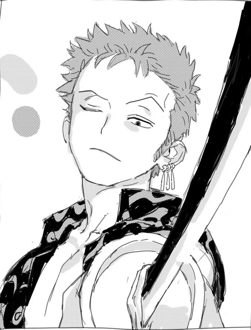 1boy greyscale head_tilt highres holding holding_sword holding_weapon looking_at_viewer male_focus monochrome no.6_(numberr_6) one_eye_closed one_piece open_clothes open_shirt pectoral_cleavage pectorals roronoa_zoro short_hair sketch solo sword upper_body weapon