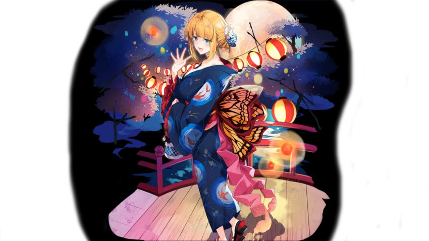 ash_arms blonde_hair blue_kimono breasts highres japanese_clothes ju_87_(ash_arms) ju_87_demon_king_of_the_festival_flower_(ash_arms) kimono large_breasts looking_at_viewer night night_sky non-web_source open_clothes short_hair sky smile