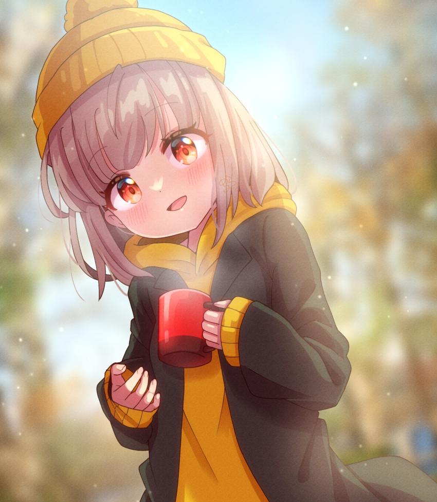 1girl bangs blurry blurry_background blush brown_hair coat cup drink highres holding holding_cup hood hoodie knit_hat long_hair looking_at_viewer mmmera827 mug open_mouth orange_eyes original outdoors pom_pom_(clothes) sleeves_past_wrists smile solo