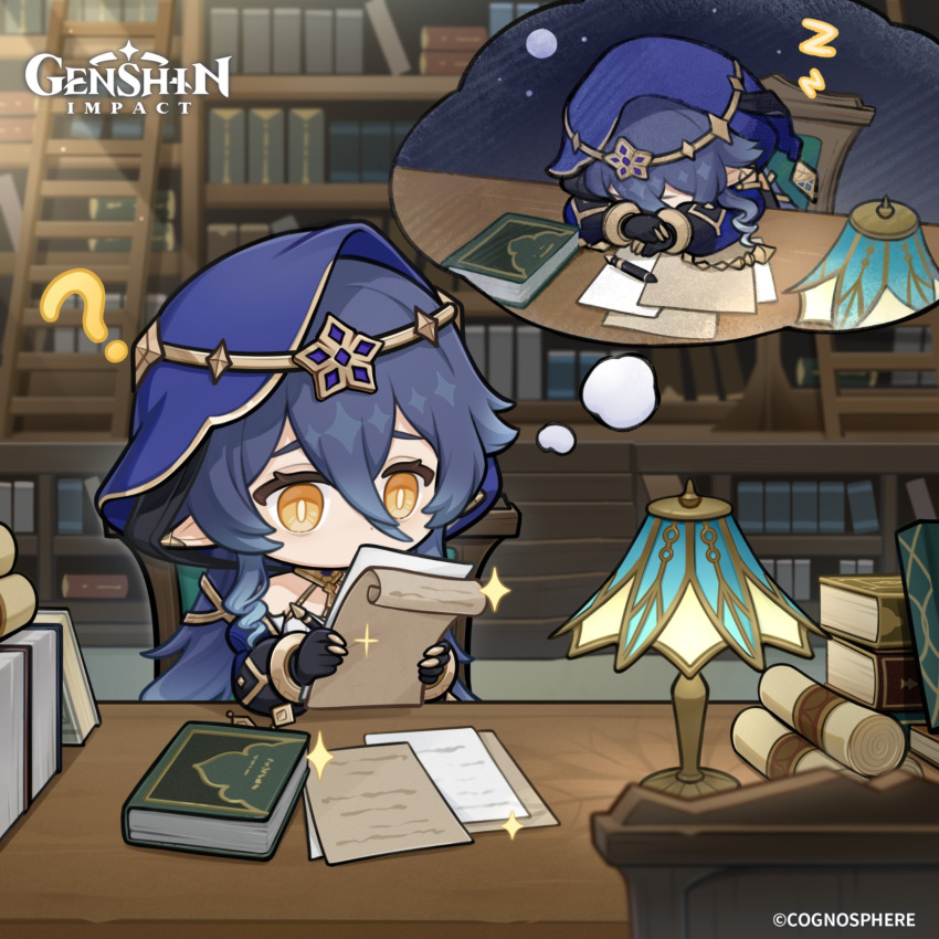 1girl ? bangs blue_hair blue_hood book book_stack bookshelf chibi claw_ring english_commentary genshin_impact hair_between_eyes highres holding holding_paper hood hood_up indoors lamp layla_(genshin_impact) logo long_hair official_art orange_eyes paper pointy_ears scroll sleeping sparkle table thought_bubble zzz