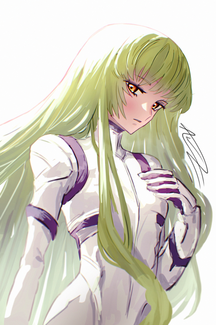 1girl absurdres awz_(a-w-z) bangs blush bodysuit breasts brown_eyes c.c. code_geass expressionless gloves green_hair hand_on_own_chest head_tilt highres long_hair looking_at_viewer parted_lips pilot_suit small_breasts solo upper_body very_long_hair white_background white_bodysuit white_gloves