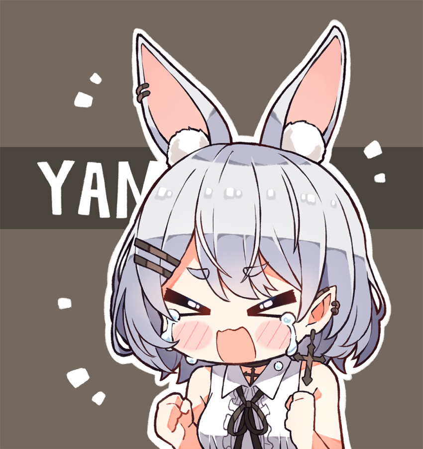 &gt;_&lt; 1girl animal_ear_fluff animal_ears bare_shoulders black_ribbon blush chibi choker clenched_hands closed_eyes collared_shirt cross cross_earrings crying ear_piercing earrings extra_ears frilled_shirt frills grey_background grey_hair hair_ornament hikimayu hololive jewelry kukie-nyan necklace open_mouth piercing pointy_ears rabbit_ears ribbon romaji_text shirt short_hair simple_background sleeveless solo thick_eyebrows usada_pekora virtual_youtuber white_shirt
