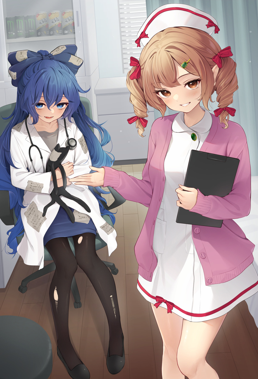 2girls alternate_costume bangs black_pantyhose blue_bow blue_eyes blue_hair blue_skirt bow coat commentary_request debt dress grin hair_bow hat highres holding holding_stuffed_toy indoors kanpa_(campagne_9) long_hair long_sleeves looking_at_viewer multiple_girls nurse nurse_cap open_mouth orange_eyes orange_hair pantyhose pink_sweater skirt smile stethoscope stuffed_toy sweater torn_clothes torn_pantyhose touhou twintails very_long_hair white_coat white_dress yorigami_jo'on yorigami_shion