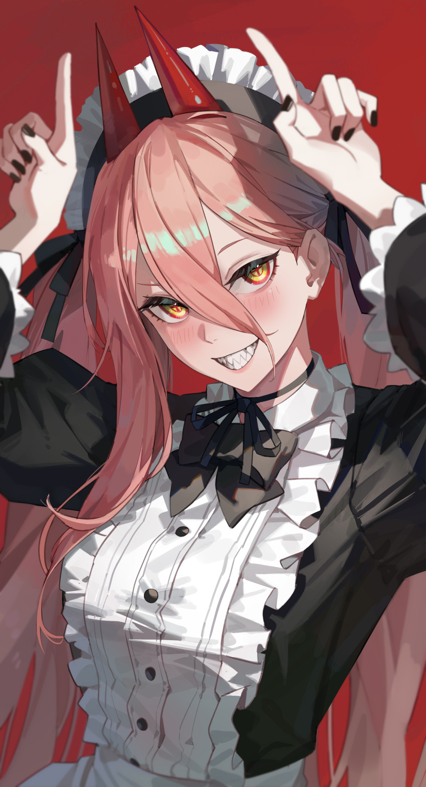1girl absurdres black_nails blush bow bowtie breasts buttons center_frills chainsaw_man frills grin hair_between_eyes hands_up highres horns index_finger_raised light_brown_hair long_hair looking_at_viewer maenoo maid maid_headdress neck_ribbon power_(chainsaw_man) red_horns ribbon sharp_teeth smile solo teeth