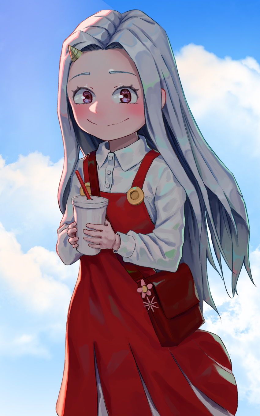 1girl absurdres bag blue_background blush boku_no_hero_academia clouds cloudy_sky collared_shirt cup dress eri_(boku_no_hero_academia) female_child grey_hair highres holding holding_cup horns jhigf long_hair looking_at_viewer pink_eyes shirt shoulder_bag simple_background single_horn skirt sky smile solo suspender_skirt suspenders white_shirt