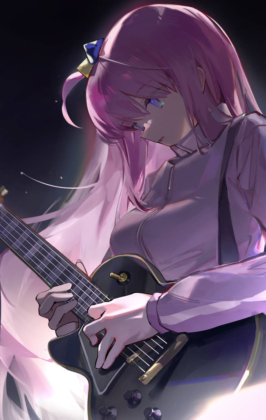 1girl bangs blue_eyes bocchi_the_rock! cube_hair_ornament electric_guitar gibson_les_paul gotou_hitori guitar hair_between_eyes hair_ornament hair_over_eyes highres holding holding_instrument instrument jacket long_hair looking_down music one_side_up open_mouth pink_hair pink_jacket playing_instrument solo track_jacket yuan_(ziranran)