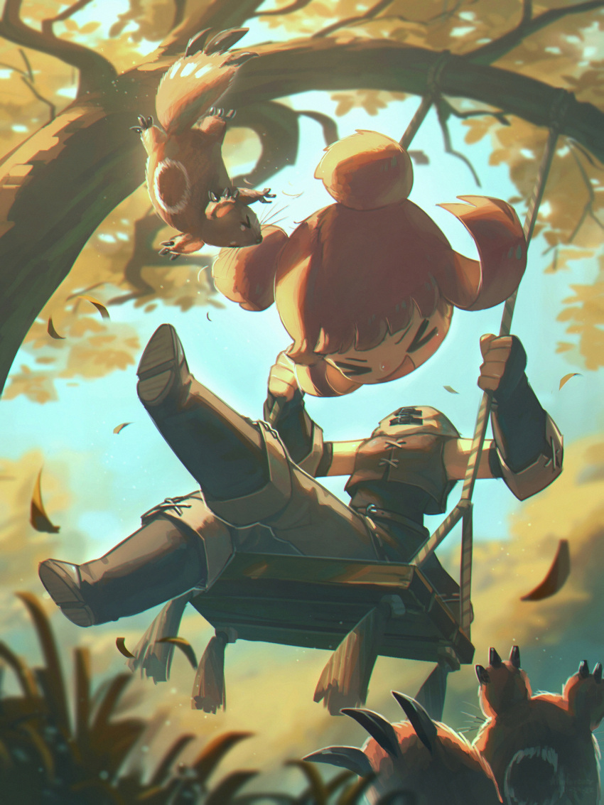 &gt;_&lt; 1girl :d absurdres animal autumn autumn_leaves disembodied_head dullahan english_commentary enne_(porforever) falling_leaves fantasy fingerless_gloves gloves headless highres leaf original porforever redhead rope short_twintails sitting sleeveless smile solo swing swinging tree twintails