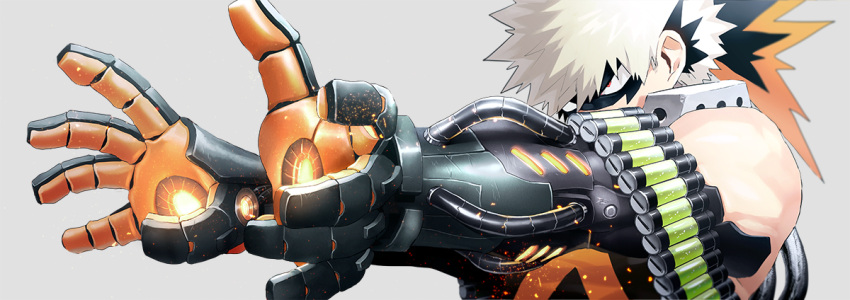 1boy abaraya aiming alternate_universe bakugou_katsuki bangs bare_shoulders black_mask blonde_hair blurry blurry_background boku_no_hero_academia container depth_of_field embers eye_mask glowing grey_background hair_between_eyes headgear imminent_explosion joints liquid looking_ahead looking_to_the_side male_focus mechanical_arms open_hand outstretched_arms outstretched_hand prosthesis prosthetic_arm red_eyes robot_joints sanpaku science_fiction scratches shiny simple_background sleeveless solo spiky_hair tube upper_body